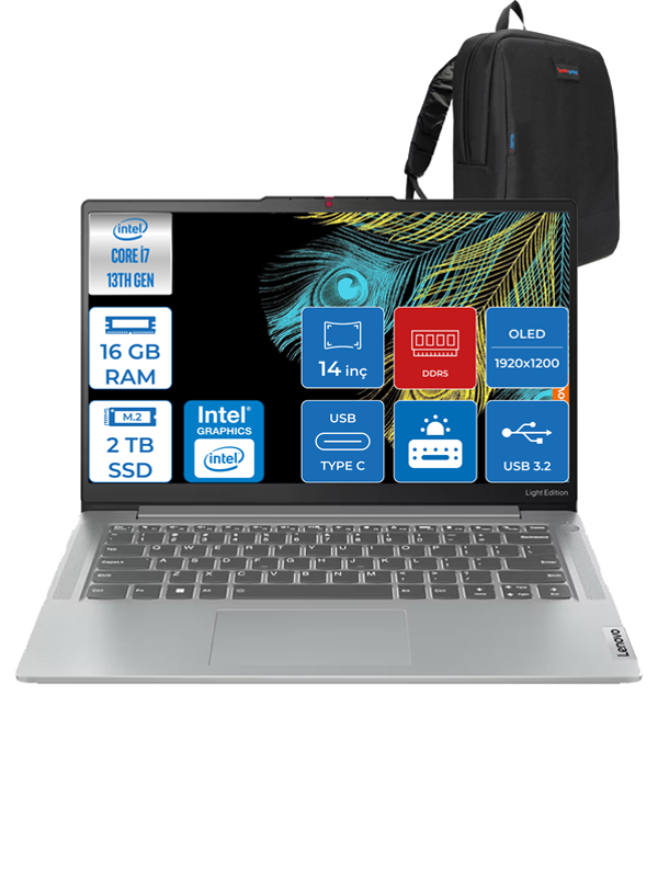 Lenovo Ideapad Slim 5 Intel Core I713620H 16GB Lpddr5 2tb SSD UHD Graphics WIN11PRO 14" OLED Wuxga 400NITS Taşınabilir Bilgisayar ID82XD009FTXP03 + Zetta Çanta - Image 1