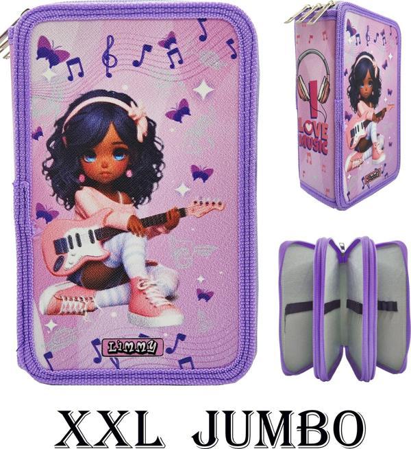 XL Jumbo Model Gitarlı Kız Müzik Kalem Kutusu Organizer Kalemkutu 3 Bölmeli Kalemlik Mor - Image 1