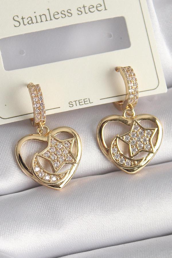 Pirinç Gold Renk Zirkon Taşlı Kalp Model Ay Yıldız İşleme Kadın Küpe - TJ-BKP9737 - Image 1
