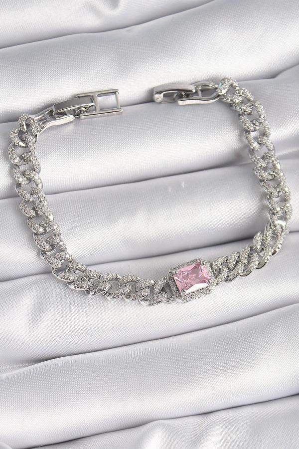 Pirinç Gümüş Renk Pembe Kare Zirkon Taşlı VIP Seri Kadın Bileklik - TJ-BB6489 - Image 1