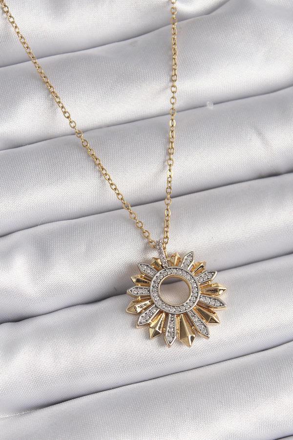 316L Çelik Gold Renk Zincir Zirkon Taşlı Mix Renk Güneş Model Kadın Kolye - TJ-BKO9477 - Image 1