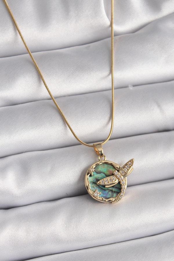 316L Çelik Gold Renk Zincir Zirkon Taşlı Yusufçuk Model Kadın Kolye - TJ-BKO9479 - Image 1