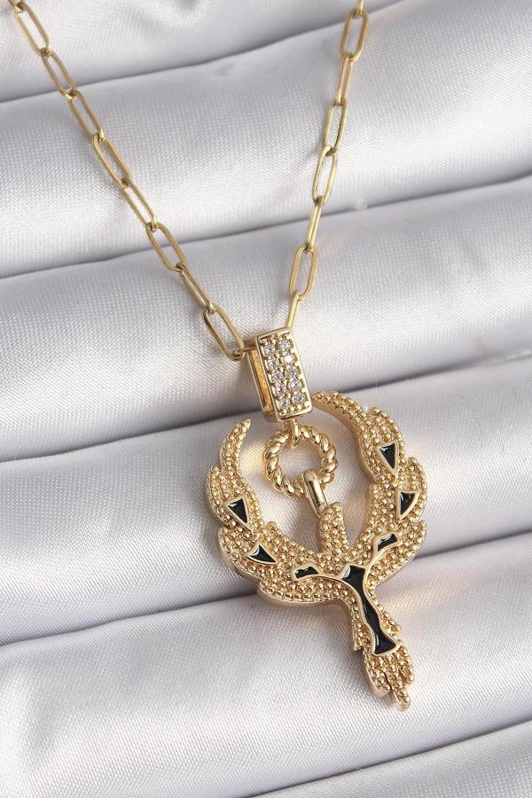 316L Çelik Gold Renk Zirkon Taşlı Anka Kuşu Model Kadın Kolye - TJ-BKO9528 - Image 1