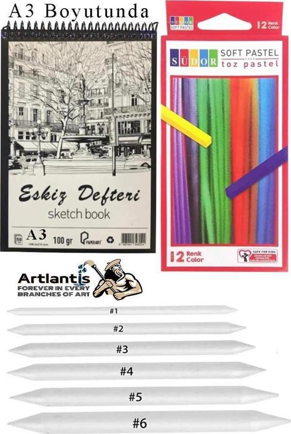 Artlantis Toz Pastel Boya 12 Renk A3 Eskiz Defteri Pastel Dağıtma Kalemi 1 Paket - Image 1