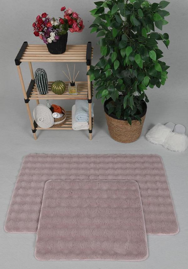 Modern Bubble Yıkanabilir Kaymaz Peluş Banyo Paspası Halısı 2'li Klozet Takımı 50x80-50x40cm Pembe - Image 1