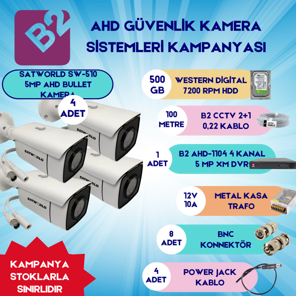 B2 Ahd 4 Bullet Kamera 4 Kanal Güvenlik Dome Kamera Setleri - Image 1