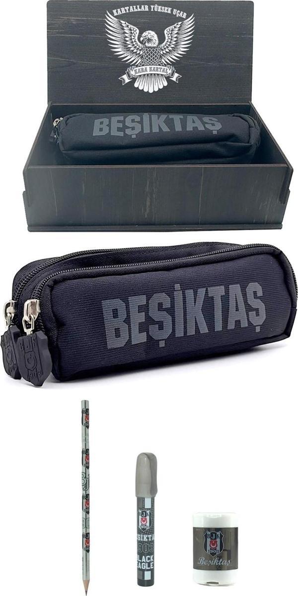Beşiktaş Orijinal Kalemlik Set 2 Bölmeli Kalem Kutusu Ahşap Kutulu 3lü Kırtasiye Hediye Set - Image 1