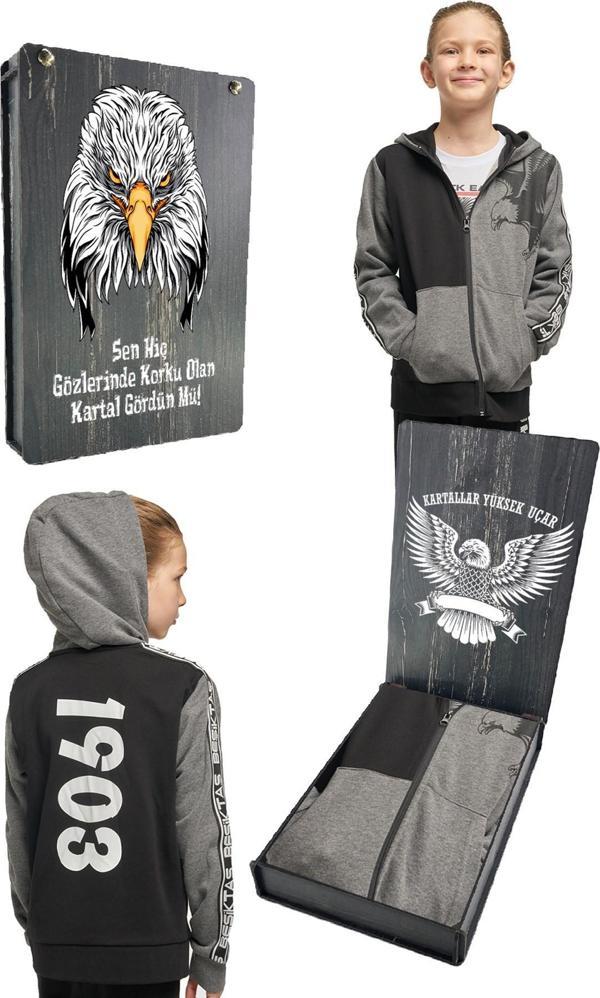 Beşiktaş Orijinal Lisanslı Kartal Baskılı Kapüşonlu Çocuk Sweat Hediyelik Ahşap Kutulu - Image 1