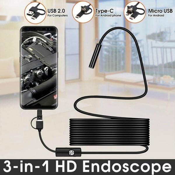 Endoskop 3 in 1 Yılan Kamera USB Micro Usb Type-C 5M Sert Kablo - Image 1