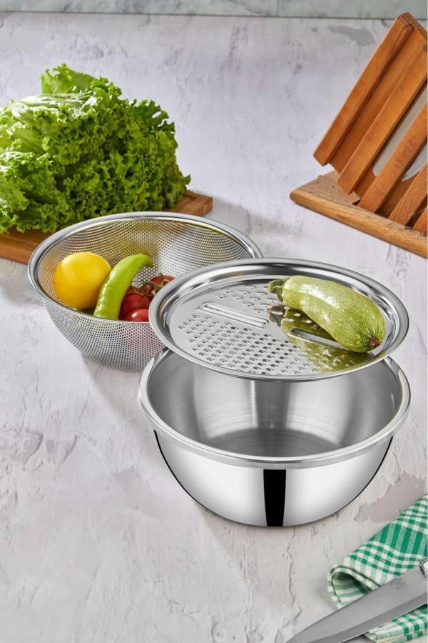 Cooker CKR3490 Paslanmaz Çelik 3 Parça Rendeli Süzgeçli Karıştırma Kabı - Image 1