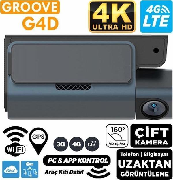 GROOVE G4D 4G LTE 4K UHD Ön+Arka Araç İçi Kamera Sim Kart Destekli Uzaktan Erişim Canlı Video WiFi|GPS|160° Açı|G-Sensor - Image 1