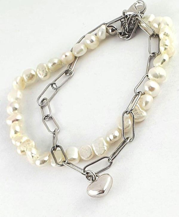 Barok incili Kalp Figürlü 925ayar Gümüş İtalyan Bileklik - Image 1