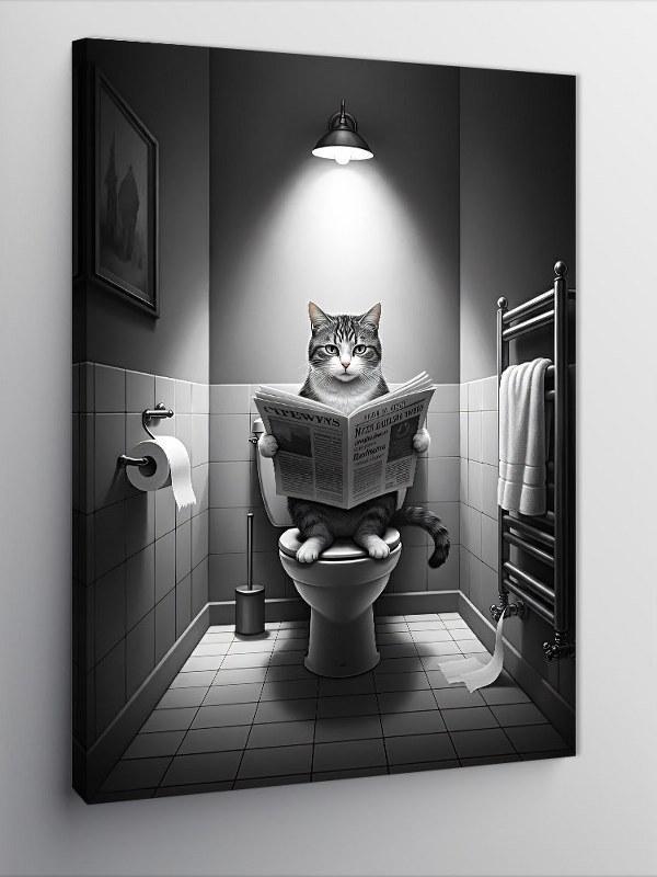 Kanvas Tablo Tuvalette Gazete Okuyan Kedi - Image 1