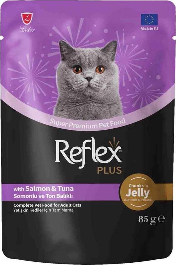 Reflex Plus Jöle İçinde Et Parçacıklı Somonlu ve Ton Balıklı Kedi Konservesi 85gr - Image 1