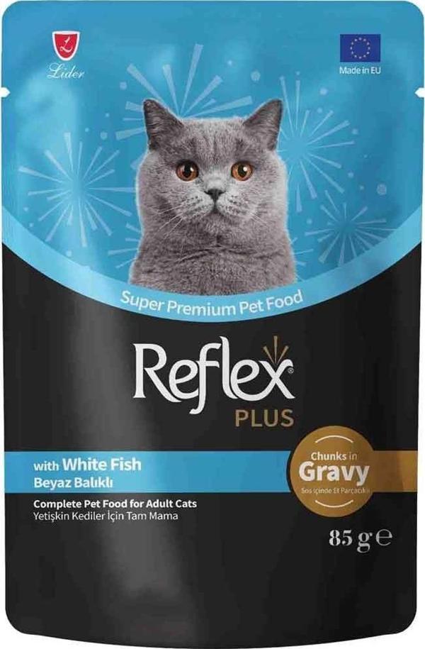 Reflex Plus Sos İçinde Et Parçacıklı Beyaz Balıklı Kedi Konservesi 85gr - Image 1