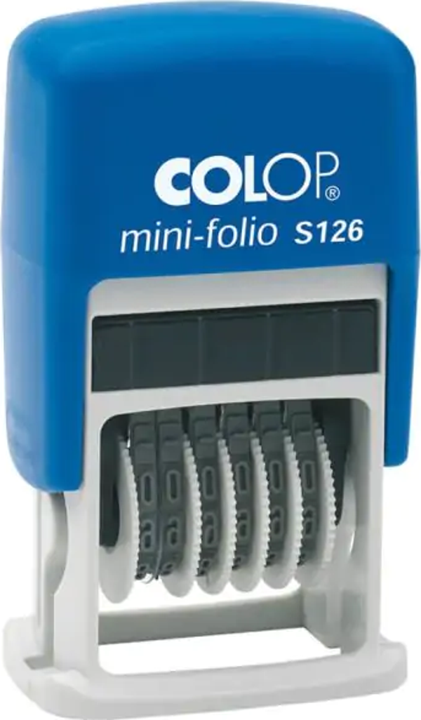COLOP S126 MİNİ OTO.NUMARATÖR KAŞE MAVİ KASA SİYAH KEÇE - Image 1