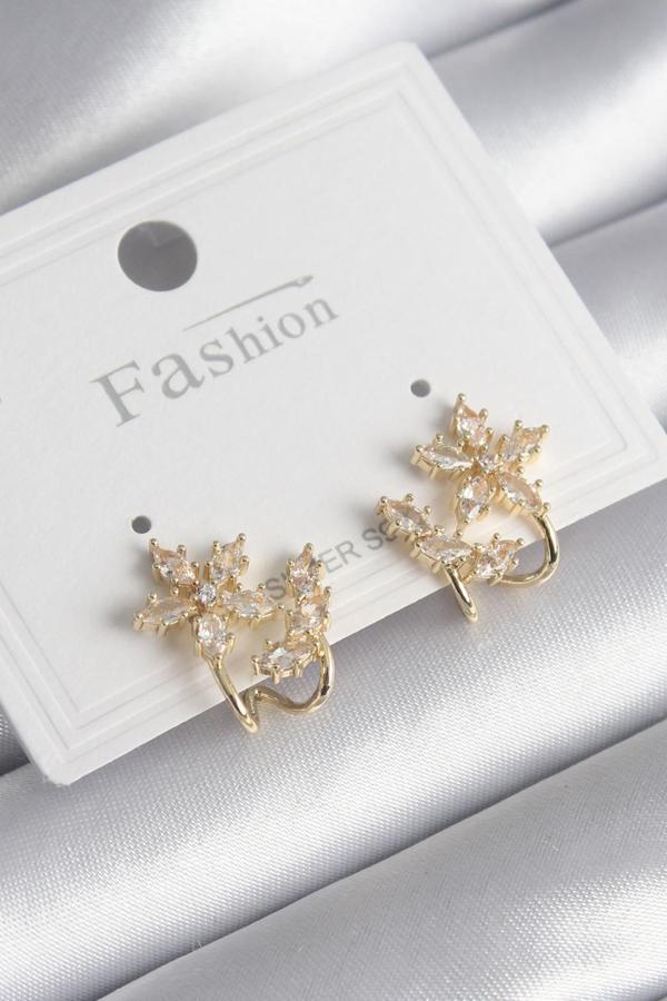 Gold Renk Zirkon Taşlı Çiçek Model Kadın Küpe - EBJ241130W29688 - Image 1