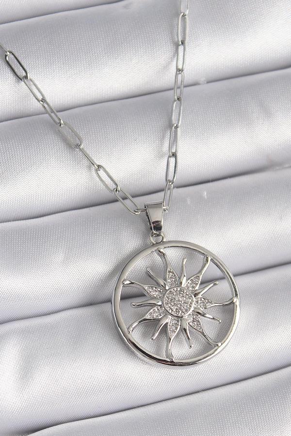 Gümüş Renk Zirkon Taşlı Güneş Madalyon Model Kadın Kolye - EBJ241130W29606 - Image 1