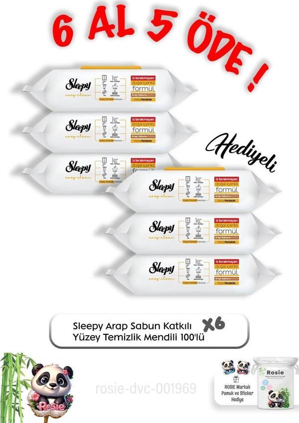 Sleepy Arap Sabun Katkılı Yüzey Mendili 100'lü  6 Al 5 Öde ve Rosie pamuk - Image 1