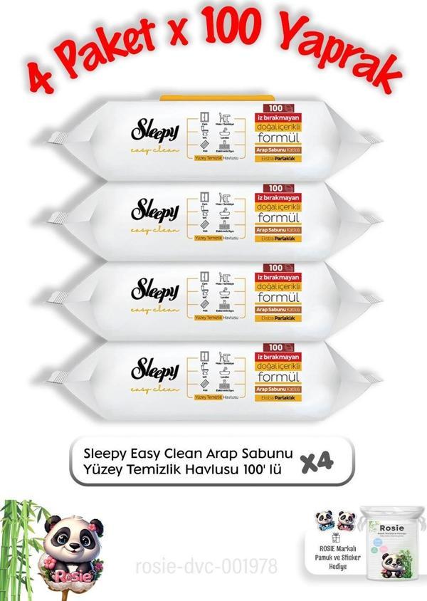 Sleepy Arap Sabun Katkılı Yüzey Mendili 100'lü X 4 ve Rosie pamuk - Image 1