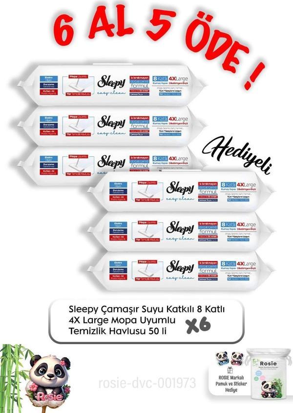 Sleepy Çamaşır Suyu Katkılı 8 Katlı 4X Large Mopa Uyumlu Temizlik Havlusu 50 li  6 Al 5 Öde ve Rosie pamuk - Image 1