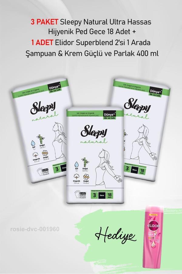 Sleepy Natural  Hijyenik Ped Gece 18 Adet X 3 ve Hediye Elidor Superblend 2'si 1 Arada Güçlü ve Parlak 400 ml - Image 1