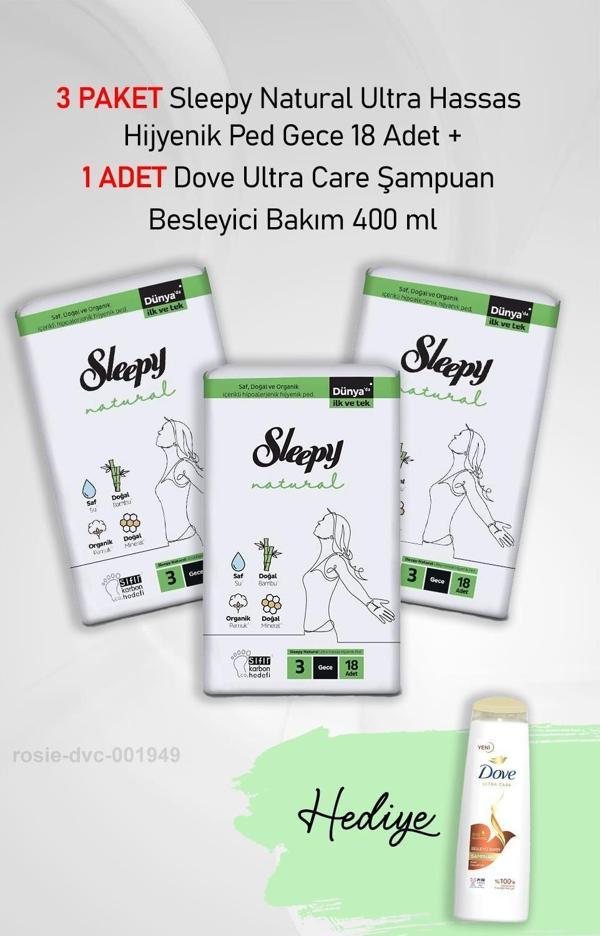 Sleepy Natural Hijyenik Ped Gece 18 Adet  X 3 ve Hediye Dove 400 ml - Image 1