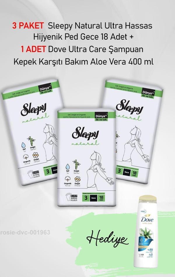 Sleepy Natural Hijyenik Ped Gece 18 Adet X 3 ve Hediye Dove Aloe Vera 400 ml - Image 1