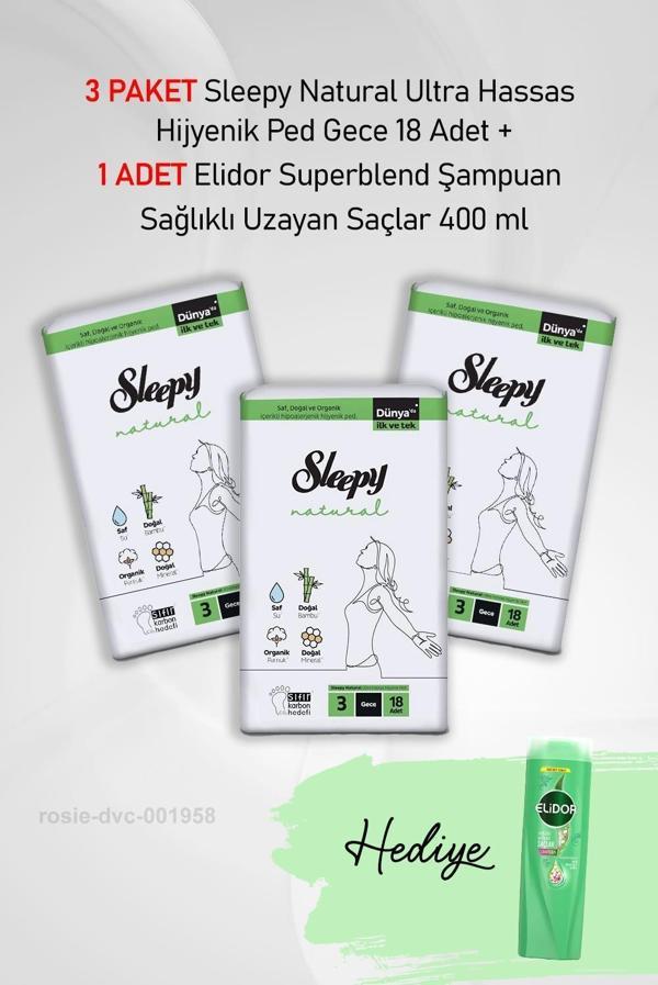 Sleepy Natural Hijyenik Ped Gece 18 Adet X 3 ve Hediye Elidor 400 ml - Image 1