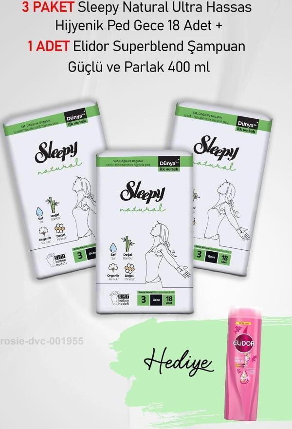 Sleepy Natural Hijyenik Ped Gece 18 Adet X 3 ve Hediye Elidor Güçlü ve Parlak 400 ml - Image 1