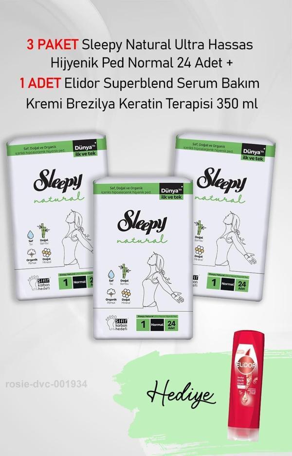 Sleepy Natural Hijyenik Ped Normal 24 Adet  X 3 ve Elidor Keratin Terapisi 350 ml - Image 1