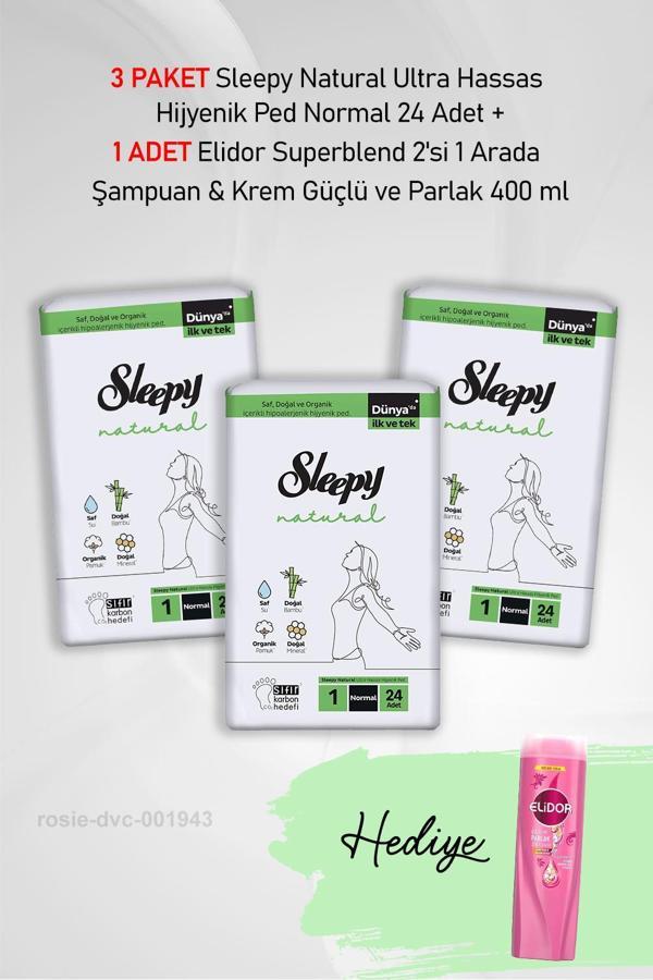 Sleepy Natural Hijyenik Ped Normal 24 Adet X 3 ve Hediye Elidor 2'si 1 Arada Güçlü ve Parlak 400 ml - Image 1