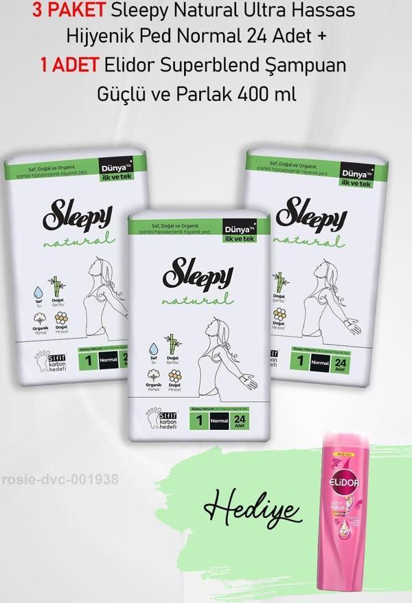 Sleepy Natural Hijyenik Ped Normal 24 Adet X 3 ve Hediye Elidor Güçlü ve Parlak 400 ml - Image 1