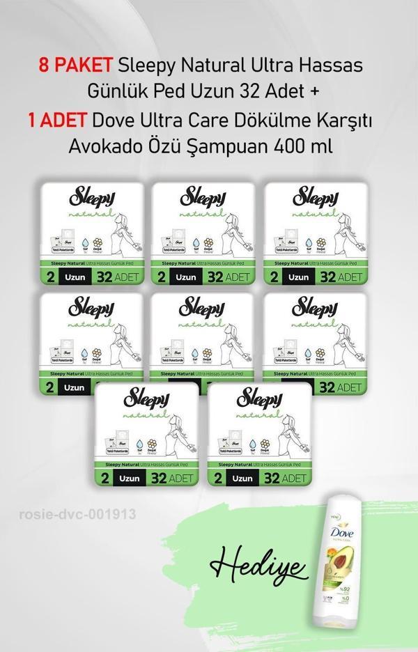 Sleepy Natural Ultra Hassas Günlük Ped Uzun 32 Adet X 8 ve Hediye Dove 400 ml - Image 1