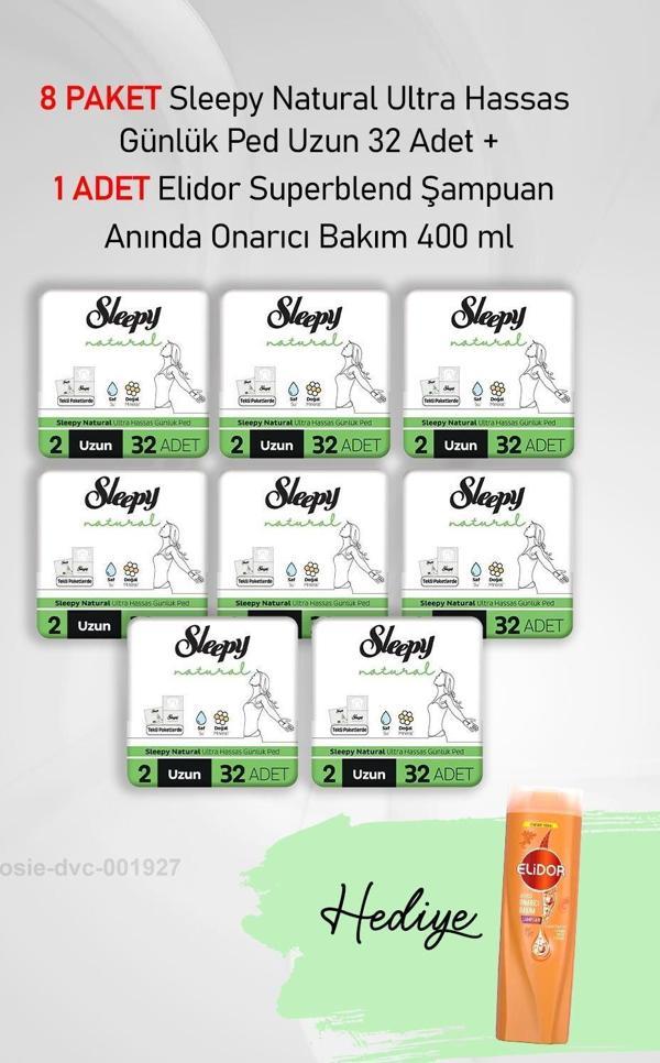 Sleepy Natural Ultra Hassas Günlük Ped Uzun 32 Adet X 8 ve Hediye Elidor 400 ml - Image 1