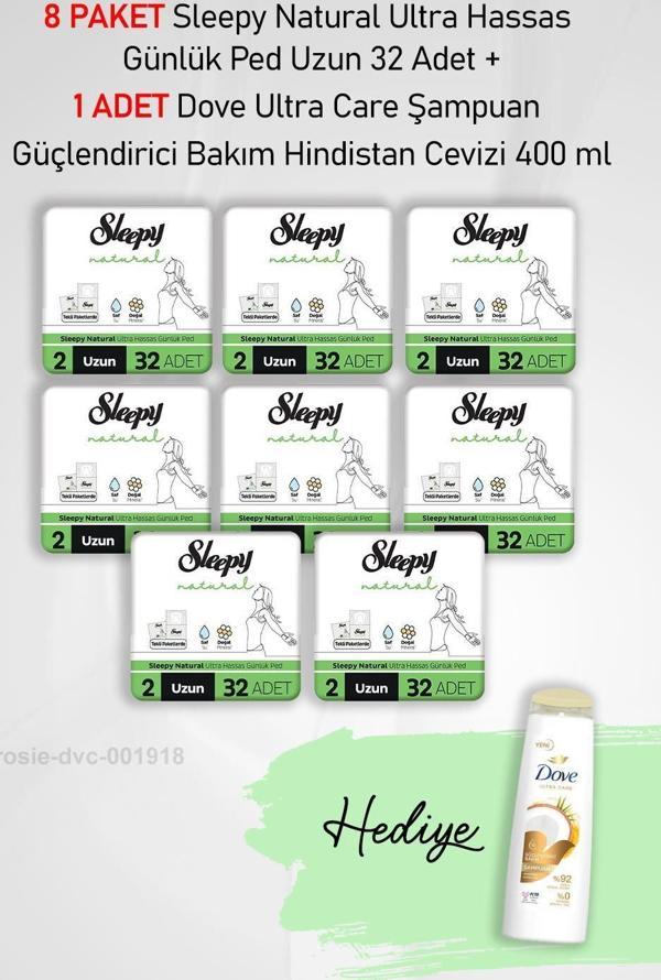 Sleepy Natural Ultra Hassas Günlük Ped Uzun 32 Adet X8 ve Hediye Dove 400 ml - Image 1