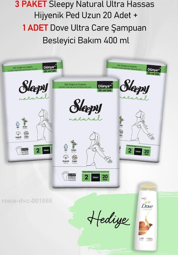 Sleepy Natural Ultra Hassas Hijyenik Ped Uzun 20 Adet X3 ve Dove Ultra Care Şampuan Besleyici Bakım 400 ml - Image 1