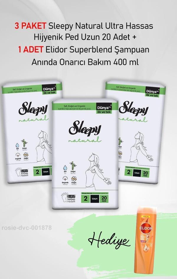 Sleepy Natural Ultra Hassas Hijyenik Ped Uzun 20 Adet X3 ve Elidor  Şampuan Anında Onarıcı Bakım 400 ml - Image 1