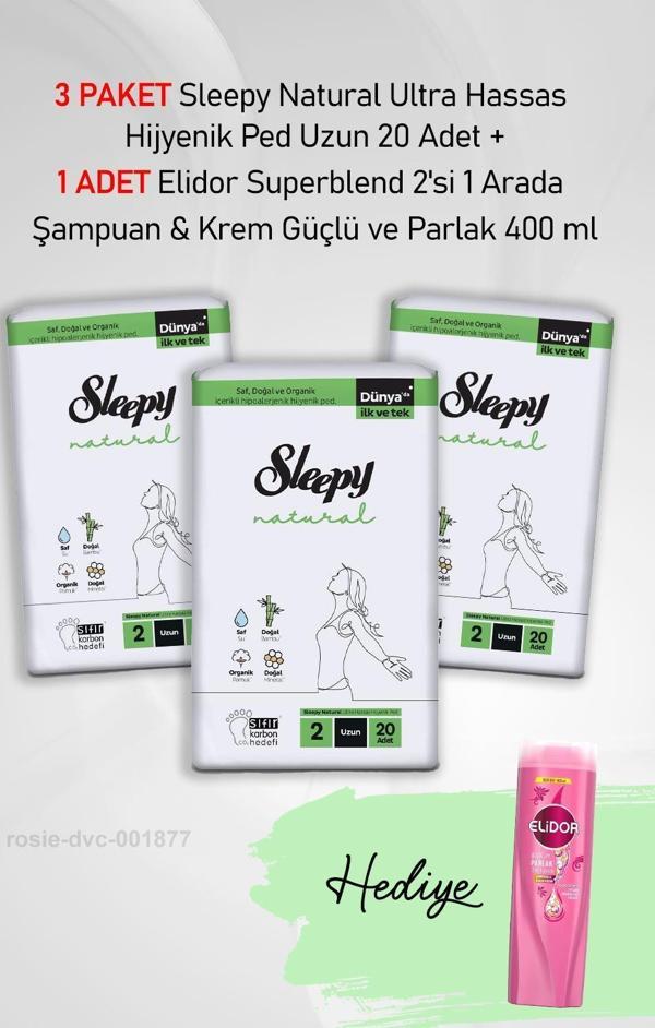 Sleepy Natural Ultra Hassas Hijyenik Ped Uzun 20 Adet X3 ve Elidor 2'si 1 Arada Şampuan 400 ml - Image 1