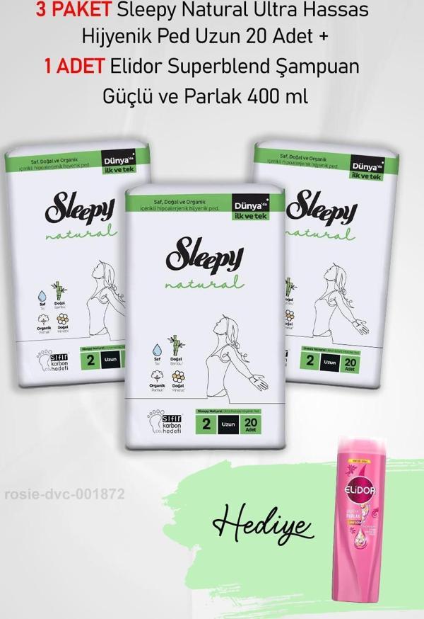 Sleepy Natural Ultra Hassas Hijyenik Ped Uzun 20 Adet X3 ve Elidor Şampuan Güçlü ve Parlak 400 ml - Image 1