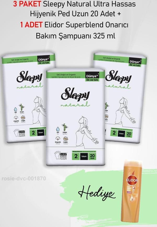 Sleepy Natural Ultra Hassas Hijyenik Ped Uzun 20 Adet X3 ve Elidor Superblend Onarıcı Bakım Şampuanı 325 ml - Image 1