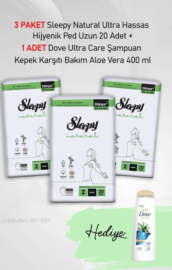 Sleepy Natural Ultra Hassas Hijyenik Ped Uzun 20 Adet X3 ve Hediye Dove 400 ml - Image 1