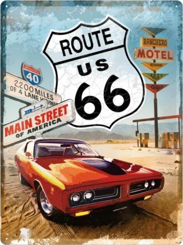Nostalgic Art Route 66 Red Car Metal Pano - Image 1