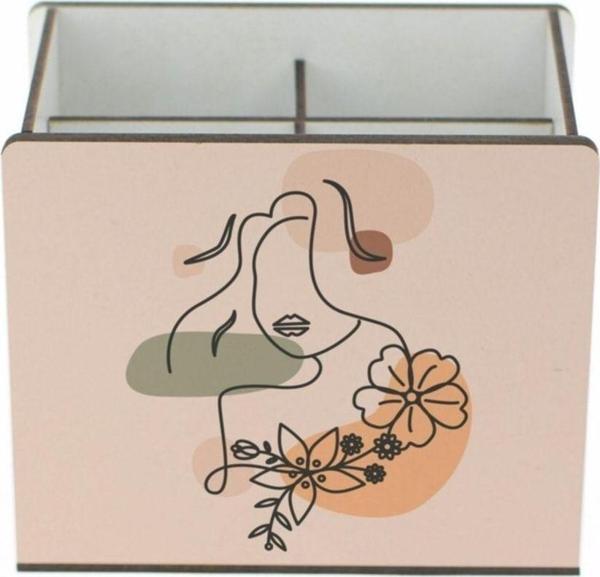 WuW Minimal Tasarım Çiçek Desenli Masaüstü Bölmeli Ahşap Kalemlik - Image 1