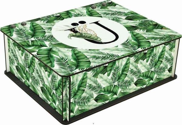 WuW Tropik Yaprak Desenli Ü Harfli 6 Bölmeli Ahşap Çay Kahve Saklama Kutusu - Image 1
