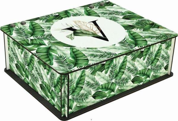 WuW Tropik Yaprak Desenli V Harfli 6 Bölmeli Ahşap Çay Kahve Saklama Kutusu - Image 1