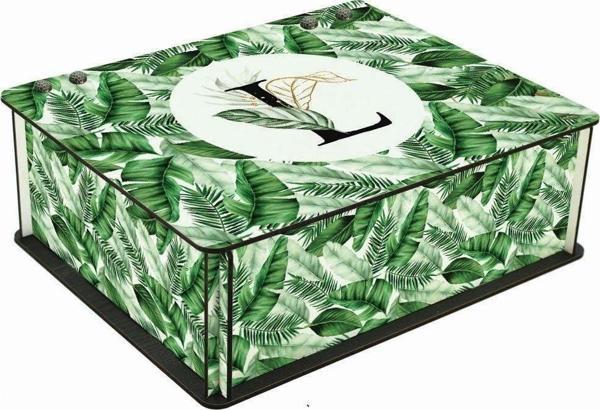 WuW Tropik Yaprak Desenli L Harfli 6 Bölmeli Ahşap Çay Kahve Saklama Kutusu - Image 1