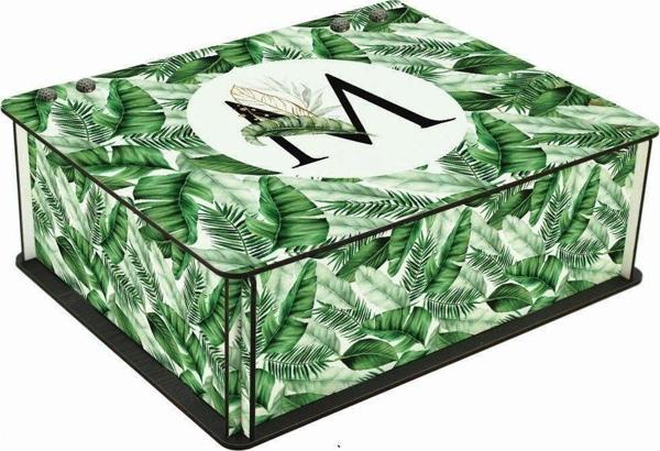 WuW Tropik Yaprak Desenli M Harfli 6 Bölmeli Ahşap Çay Kahve Saklama Kutusu - Image 1