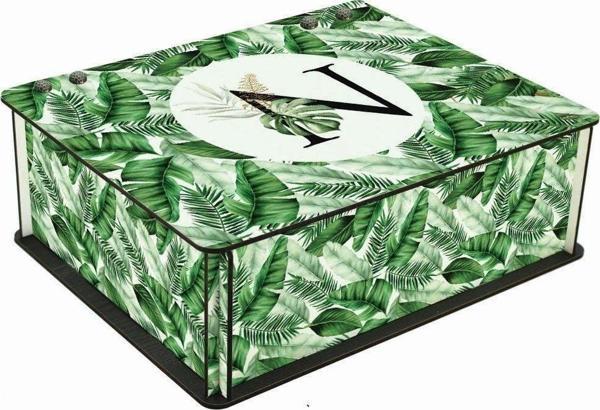 WuW Tropik Yaprak Desenli N Harfli 6 Bölmeli Ahşap Çay Kahve Saklama Kutusu - Image 1