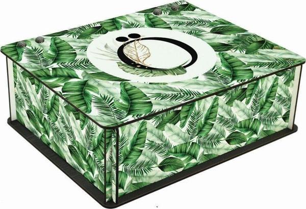 WuW Tropik Yaprak Desenli Ö Harfli 6 Bölmeli Ahşap Çay Kahve Saklama Kutusu - Image 1